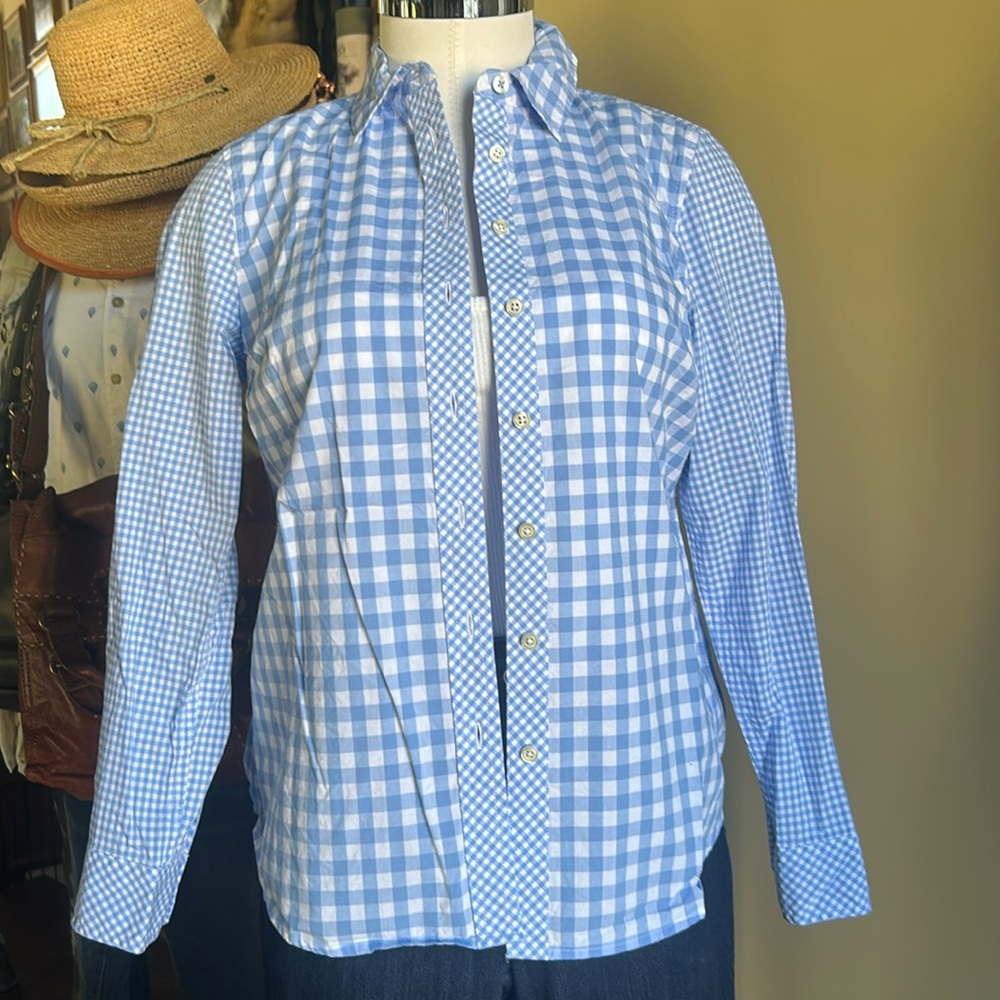 Talbots Sz SP Gingham Blue Check Button Down Cotton Shirt